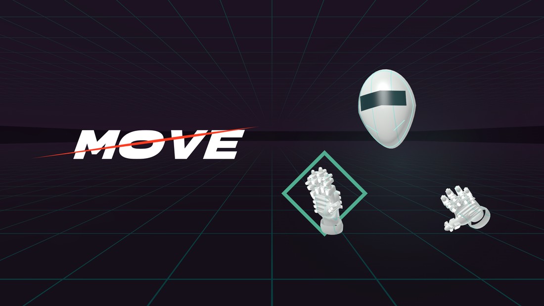 MOVE artwork with a floating mask and gloves in a dark rhythm-game space